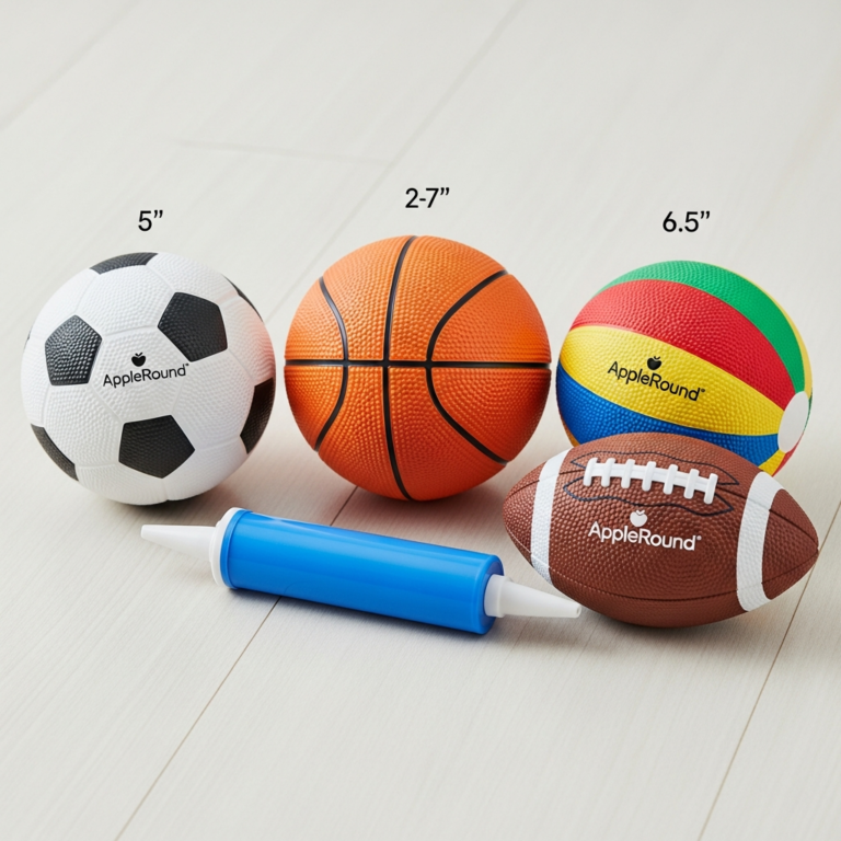 AppleRound 4-Pack Sports Balls for Toddlers & Kids with Pump – 5-Inch Soccer Ball, Basketball, Playground Ball & 6.5-Inch Football – Soft Small Balls for Indoor/Outdoor Play (Ages 2-7)