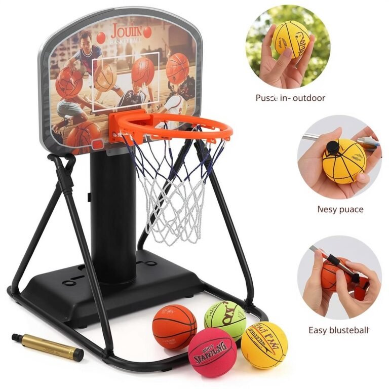 JOYIN Arcade Basketball Game Set with 4 Balls and Hoop for Kids 3 to 12 Years Old Indoor Outdoor Sport Play – Easy Set Up – Air Pump Included – Ideal for Competition